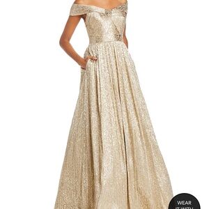 Aidan Mattox Metallic Gold Off Shoulder Gown NWT